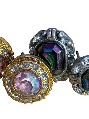 Vintage 70s 80s Statement Stud Earring Set Pink Round Halo & Heliotrope Octagon